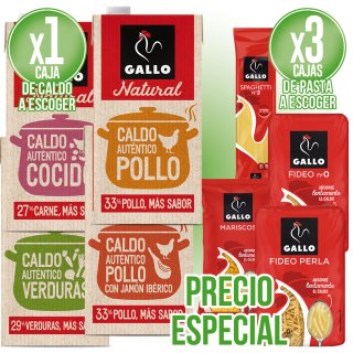 1 CALDO GALLO Y 3 PASTA GALLO A ESCOGER CON PRECIO NETO