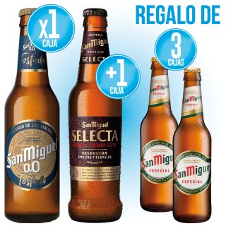 POR 1 CAJAS DE SAN MIGUEL 00 TOSTADA 1/3 RET, MÁS 1 CAJA DE SAN MIGUEL SELECTA 1/3 RET, REGALO DE 3 