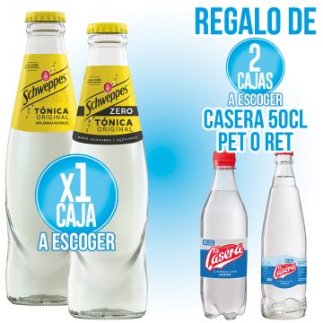 PER 1 CAIXA DE TÒNICA SCHWEPPES 220 NORMAL O ZERO, REGAL DE 2 CAIXES DE LA CASERA.