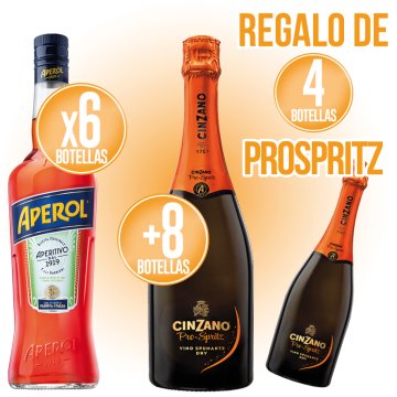 POR 6 BOTELLAS DE APEROL Y 8 DE PROSPRITZ, REGALO DE 4 BOTELLAS DE PROSPRITZ.