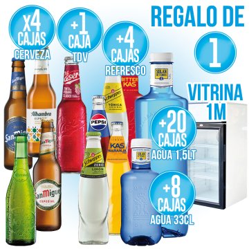 PER CAIXES VARIADES DE CERVEZA, CASERA TINTO, REFRESCOS I AIGUA, REGAL D'UNA VITRINA D'UN METRE.