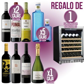 POR CAJAS VARIADAS DE VINO Y AGUA, REGALO DE UN CONSERVADOR DE 40 BOTELLAS.