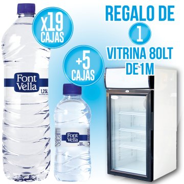 PER 19 CAIXES DE FONT VELLA DE 33CL I 5 DE FONT VELLA 1,25LT, REGAL D'UNA VITRINA DE 80LT.