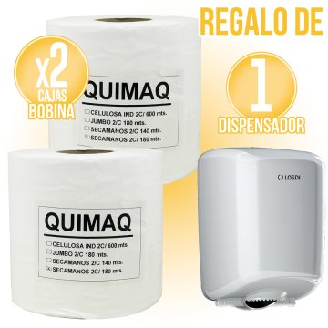 2 BOBINA SECAMANOS QUIMAC 180 M + REGALO 1 DISPENSADOR ABS BLANCO