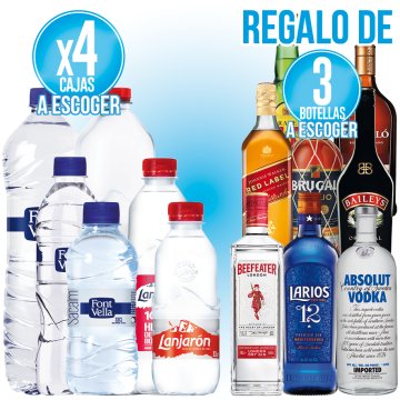 4 CAJAS AGUA A ESCOGER + REGALO 3 BOTELLAS LICOR A ESCOGER