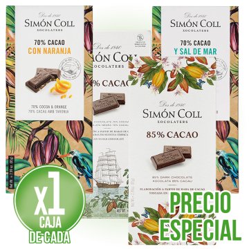 POR UNA CAJA DE CADA DE LOS CUATRO TIPOS DE CHOCOLATE SIMON COLL, PRECIO ESPECIAL.