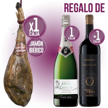 1 JAMON NARCISO POSTIGO IBERICO 50% CEBO + REGALO 1 CONDADO ORIZA TINTO RESERVA + 1 CODORNIU ANNA BL