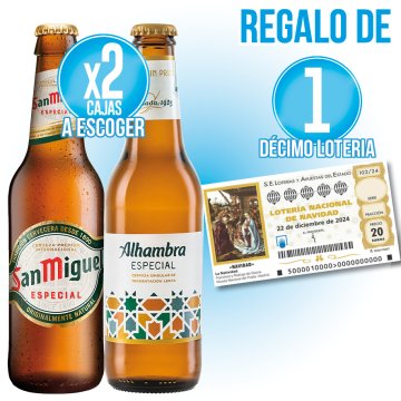 PER 2 CAIXES D'ALHAMBRA O SAN MIGUEL 1/3 RET, DECOMPTE I REGAL D'UN DECIM DE LOTERIA.