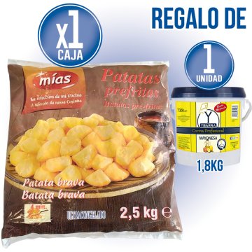 POR 1 CAJA DE PATATA BRAVA MINI, REGALO DE 1 GARRAFA DE MAYONESA DE 1,8KG.